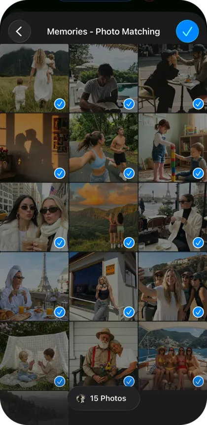 Memories app showing how to choose personal photographs